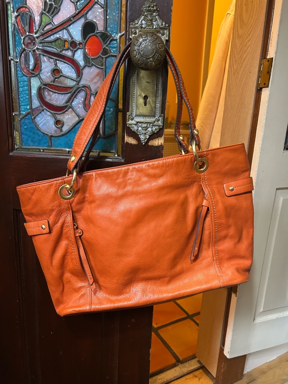 Liz Claiborne Orange Leather Tote with Gold-Tone Hardware